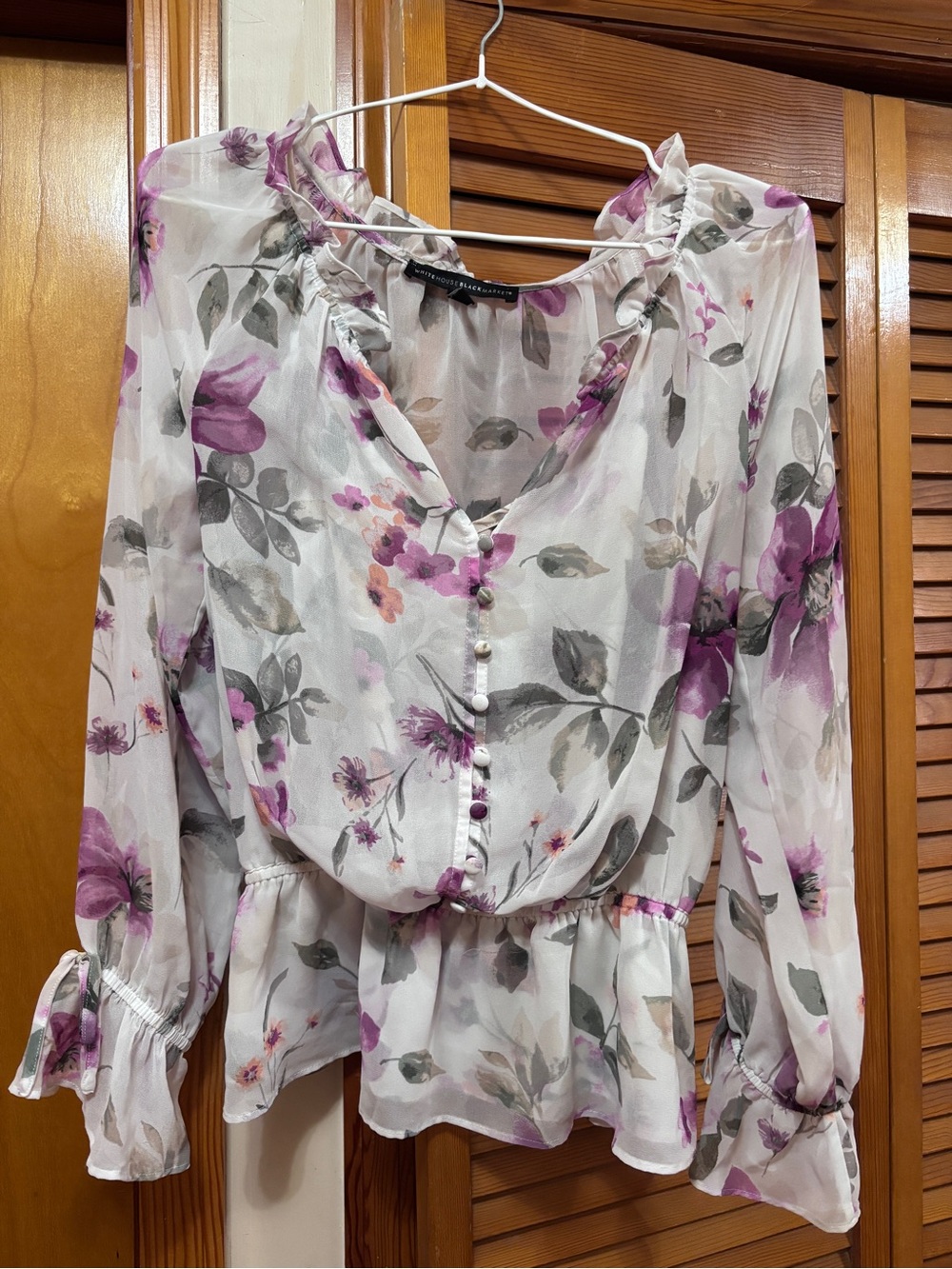 White House Black Market Sheer Floral Blouse in Lavender and Gray